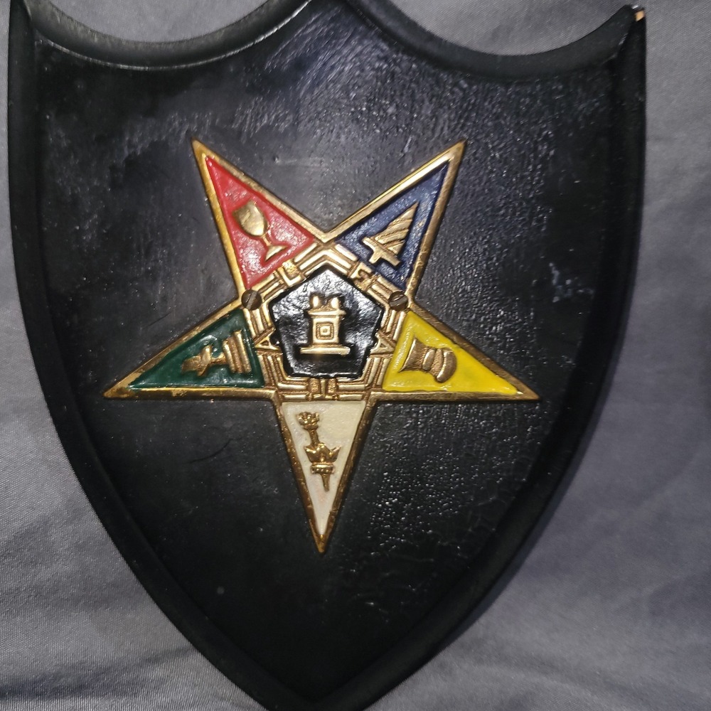 Antique Masonic Eastern Star Insert Enamel Wood Shield Plaque Wall Hanging Brass